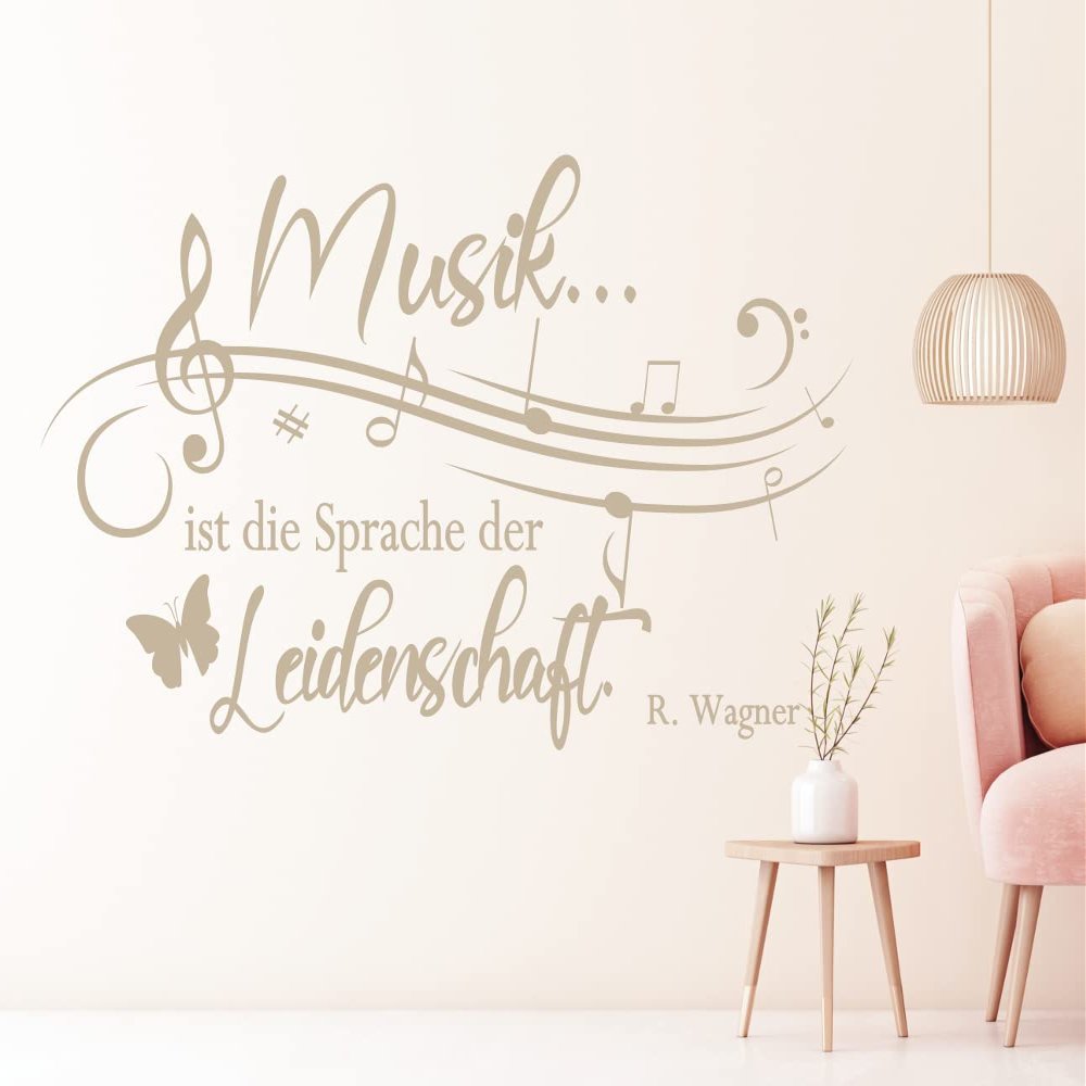 Living Room Wall Decal “Music Is the Language of Passion” with Treble Clef, 30+ Satin-Matte Colors | Aubergine, M, 130 x 58