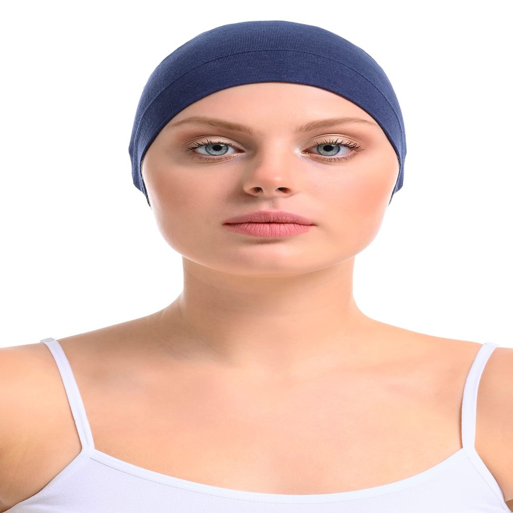 Bamboo Beanie for Women, Chemo Cap for Hair Loss, Breathable Sleep Cap, Bamboo & Cotton Head Cover (Denim)
