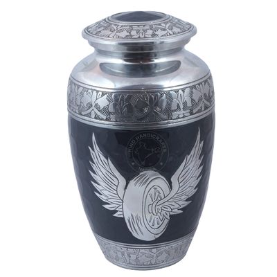 Hind Handicrafts Silver-Engraved Urn for Human Ashes, Adult, Handmade, Large Memorial Urn, with Bag (16.5 x 16.5 x 26.7 cm, Angel Wings-8)