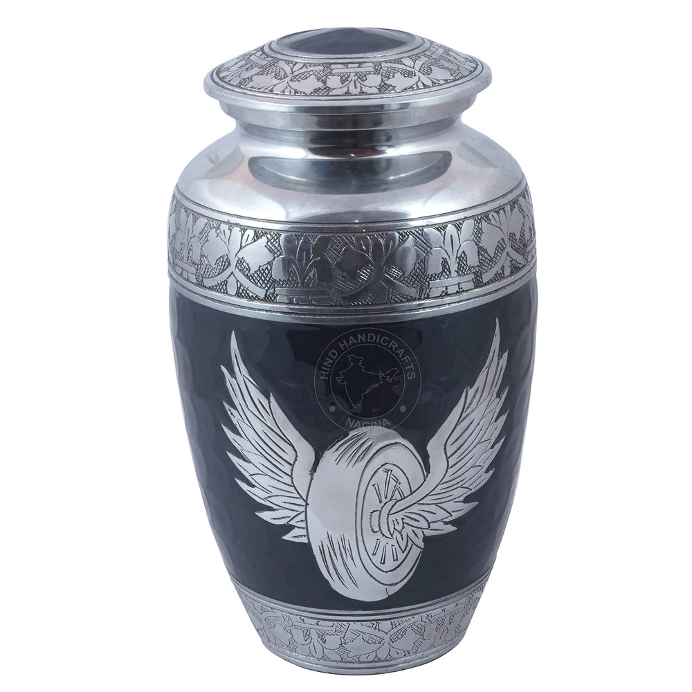 Hind Handicrafts Silver-Engraved Urn for Human Ashes, Adult, Handmade, Large Memorial Urn, with Bag (16.5 x 16.5 x 26.7 cm, Angel Wings-8)
