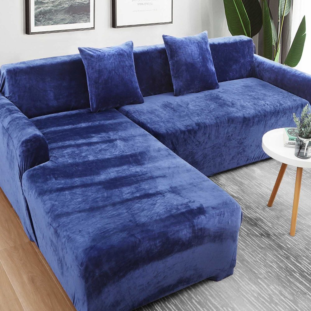 Velvet Sofa Cover for 1/2/3/4-Seater Sofas, Plush Stretch Furniture Cover, Machine Washable, Blue, 1-Seater
