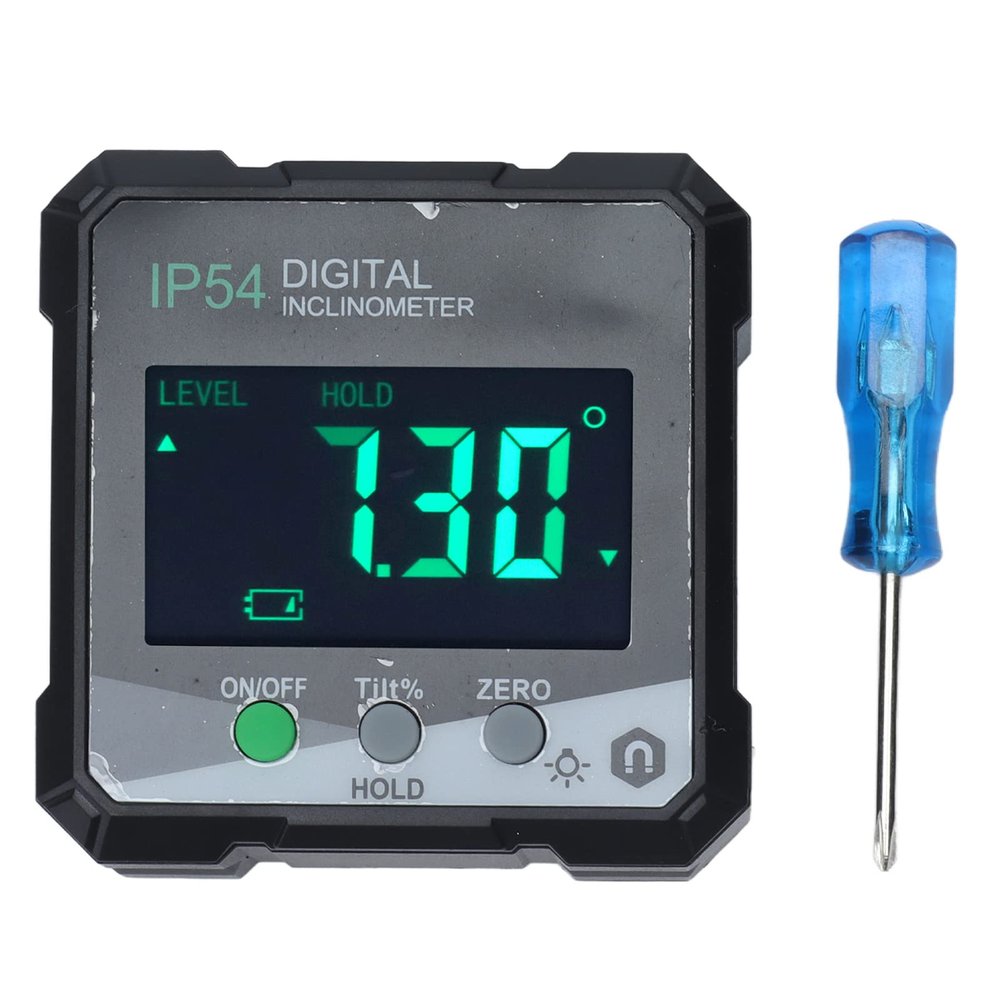 Magnetic Digital Angle Finder, 4 x 90° Inclinometer, IP54 LCD Level Box with Screwdriver