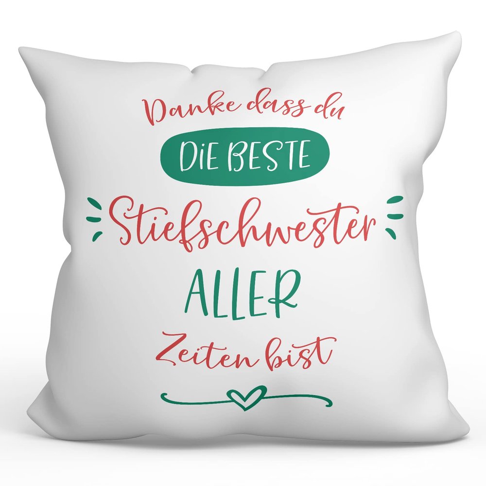 Mugffins Filled Pillow with Saying for Stepsister, German, “Danke Beste Familie,” 40 x 40 cm, Original Funny Gift