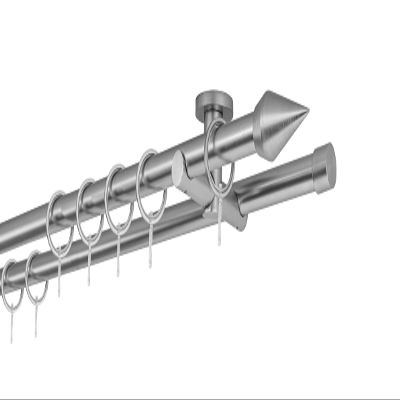 ondeco Custom-Size Curtain Rod, 20 mm, Cone Finial, 2-Run, 5.5 cm Ceiling Bracket, Rings, Stainless Steel Look, 180 cm