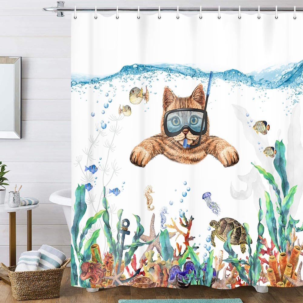 Uokiuki Funny Cat Snorkeling Fabric Shower Curtain, 152.4 x 177.8 cm