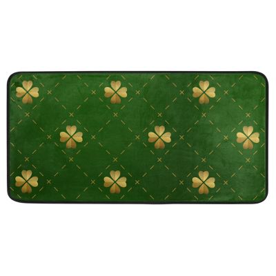 St. Patrick’s Day Shamrock Plaid Rug with Golden Leaves, 100 x 50 cm