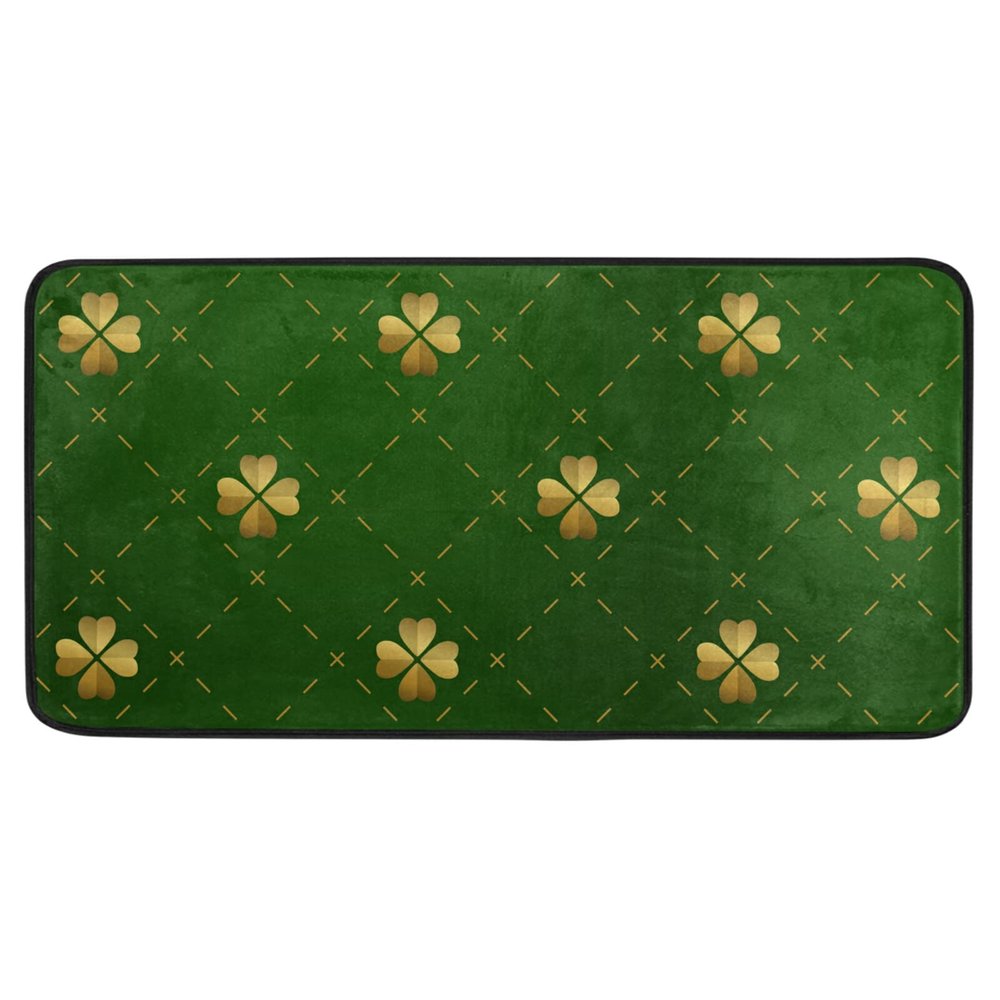 St. Patrick’s Day Shamrock Plaid Rug with Golden Leaves, 100 x 50 cm