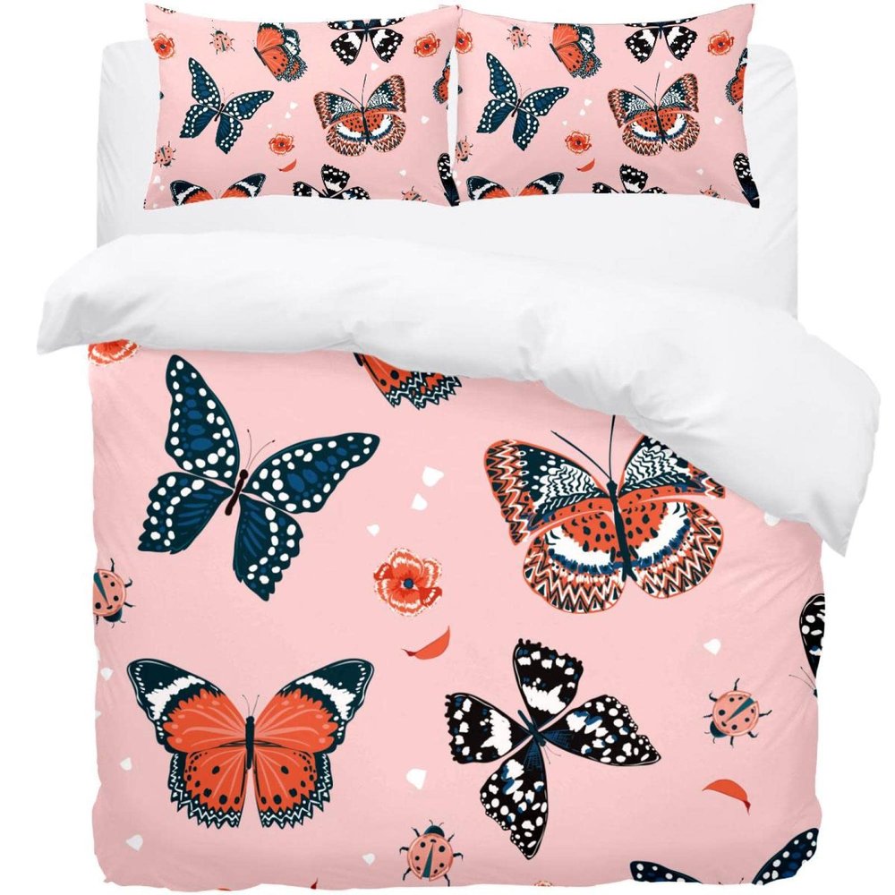 3-Piece Butterfly Pink Duvet Cover Set for Double, King-Size or Single Beds