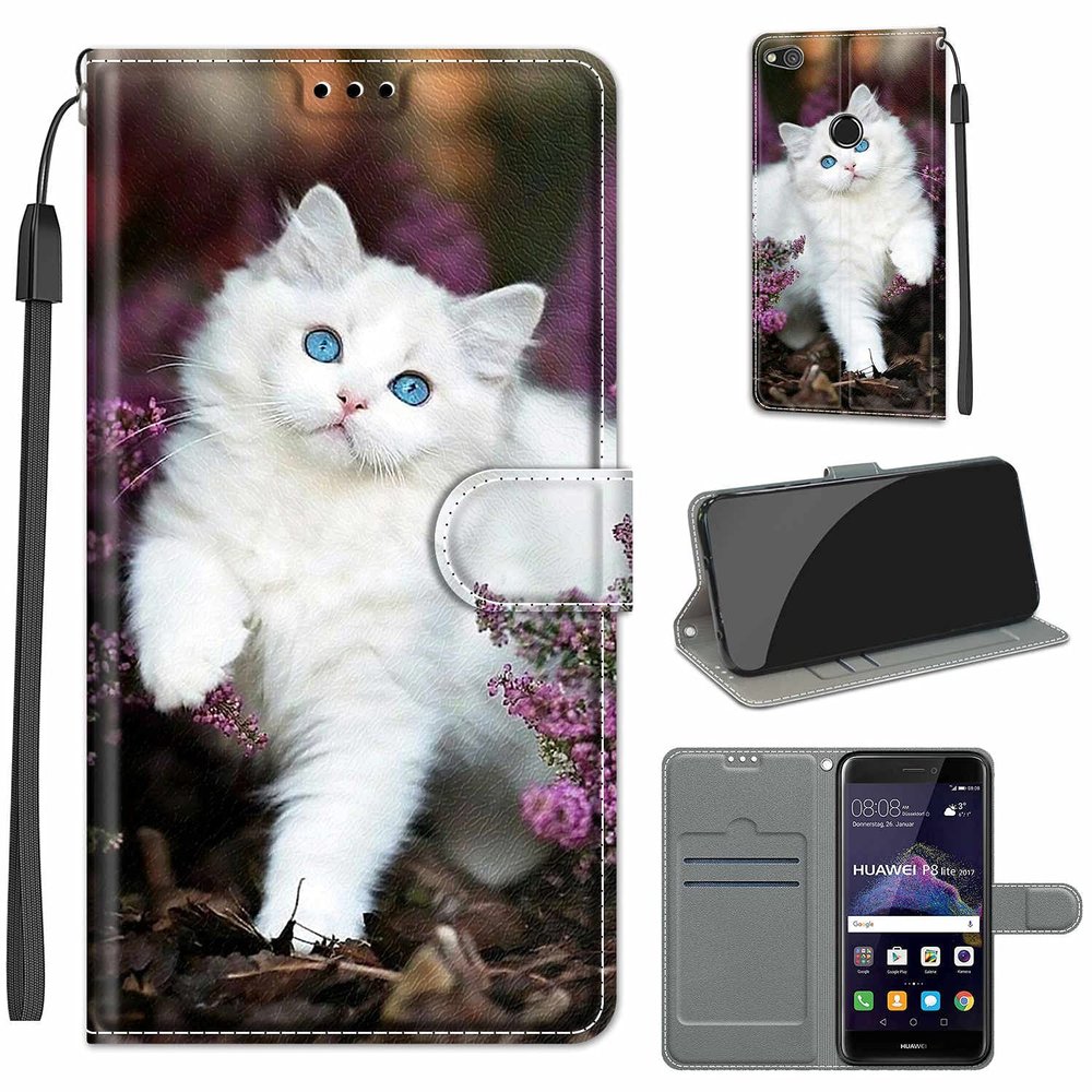 LeviDo Compatible with Huawei P8 Lite 2017 Case, White Cat Pattern, Magnetic Flip Wallet Cover