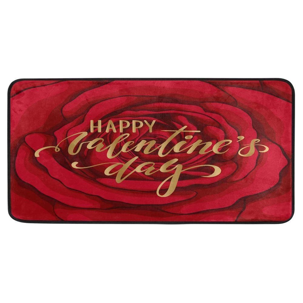 Happy Valentine's Day Red Rose Flower Kitchen Rug, Non-Slip Mat, 99 x 50 cm