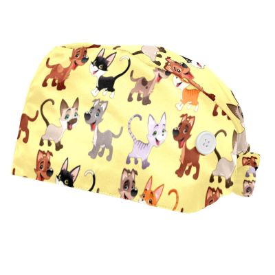 Eslifey Adjustable Button-Closure Work Caps, Polyester, Sweatband, Elastic Tie, Yellow Dogs and Cats, 2-Pack