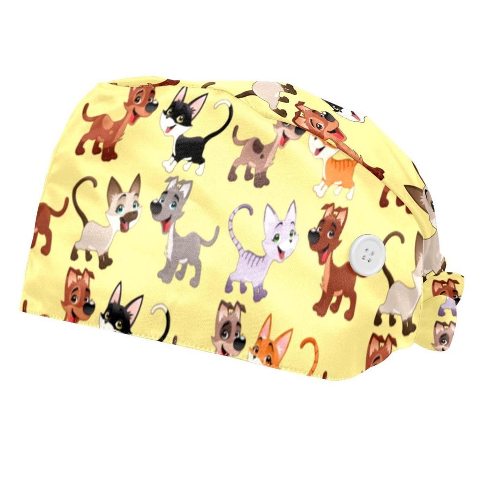 Eslifey Adjustable Button-Closure Work Caps, Polyester, Sweatband, Elastic Tie, Yellow Dogs and Cats, 2-Pack