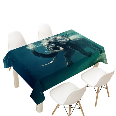 Morbuy Waterproof Washable Tablecloth with 3D Elephant Print, Rectangular, Sea Blue, 140 x 180 cm