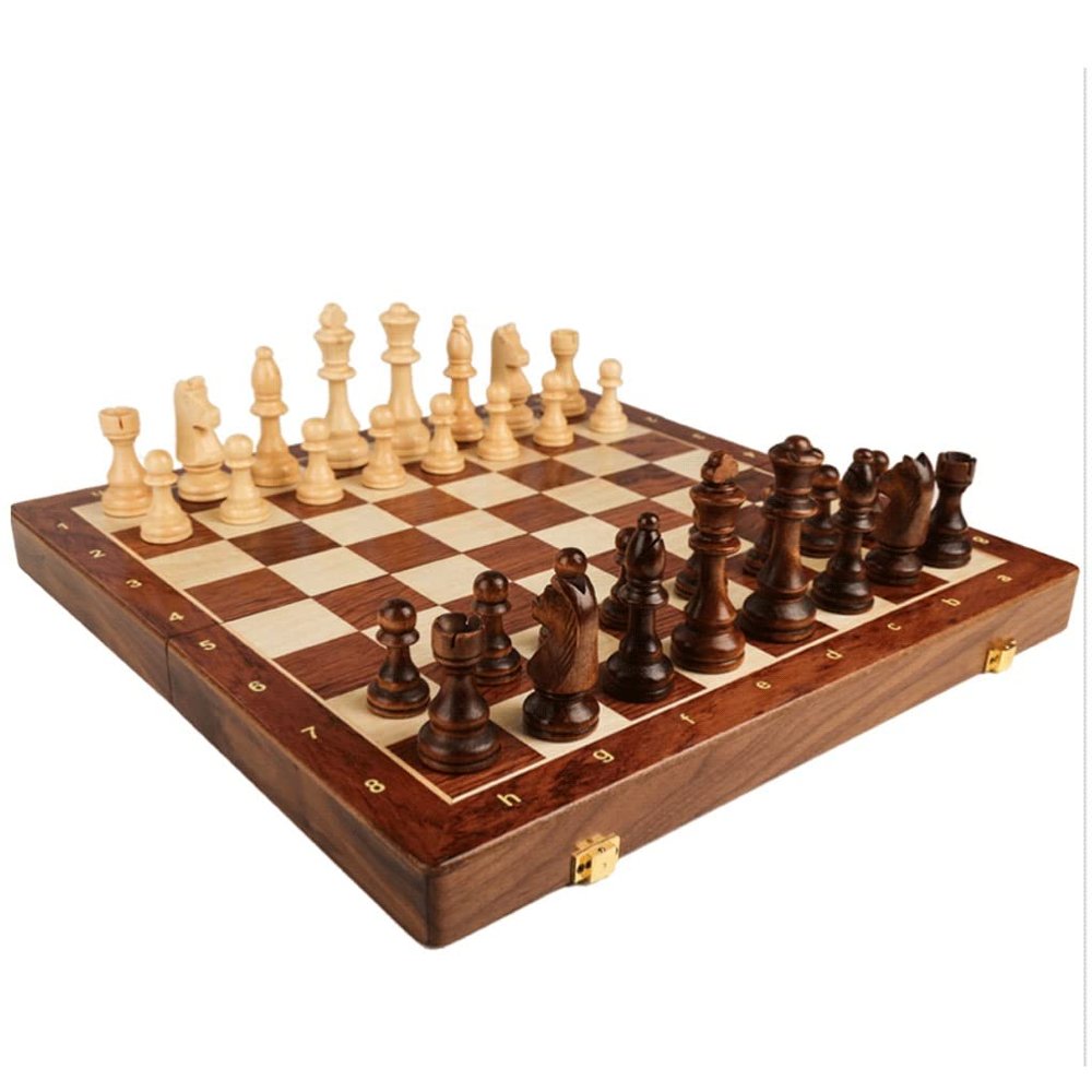 ZAW 45 cm Inlaid Walnut Wood Chess Set with Folding Board, Pieces, and Storage Box
