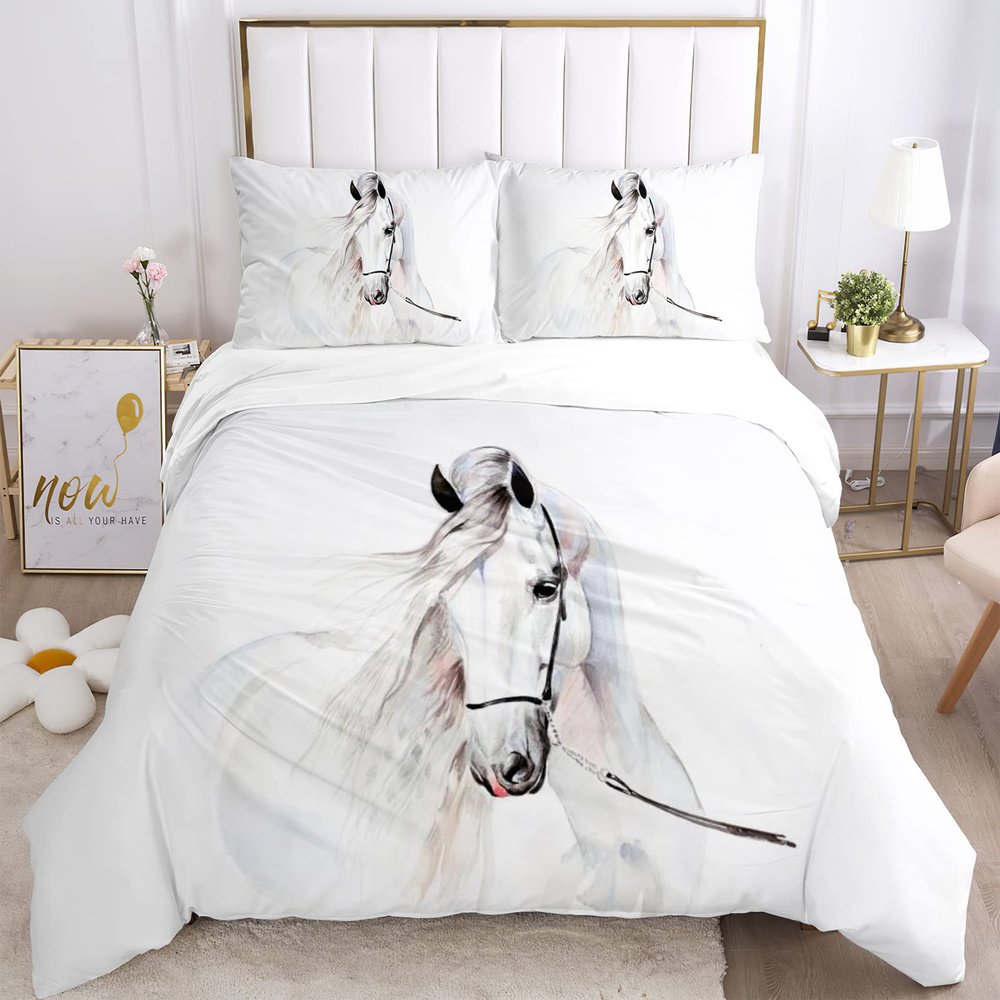 JEFFEL Horse Duvet Cover Set 200 x 200 cm, Children's Bedding Set with 3D Horse Design, Microfiber