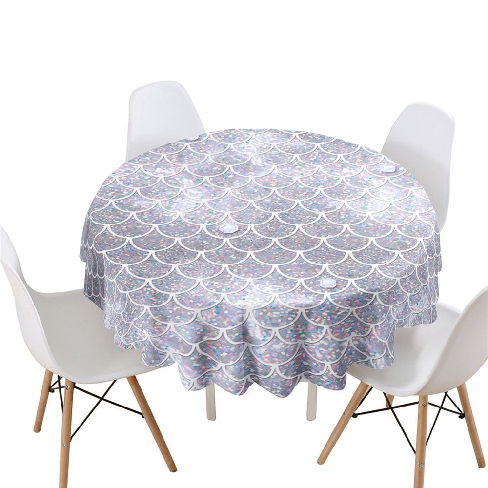 Himlaya Round Tablecloth with 3D Scales Pattern, Waterproof and Washable, Silver, 90 cm Diameter