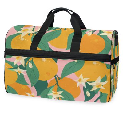 Orange Flower Pink Tree Leaf Sports and Travel Bag with Shoe Compartment
