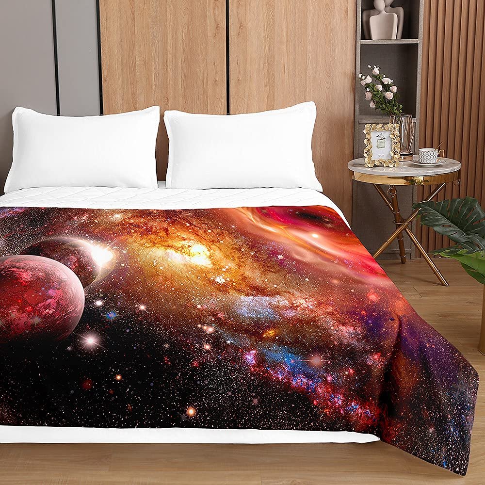 Chickw1 Quilted Bedspread, 3D Orange Universe Microfiber Coverlet for Single or Double Beds, 39.4 x 59 in