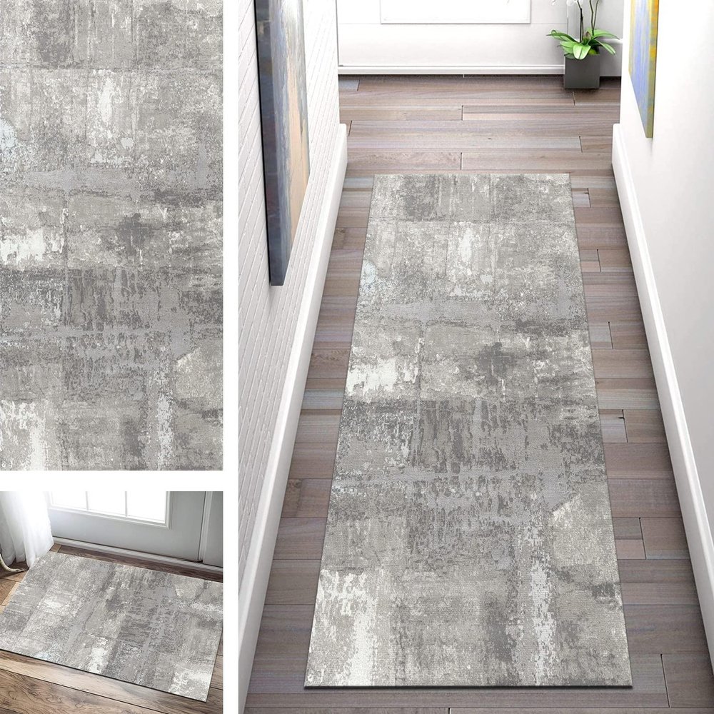 SGLGSTORE Gray Modern Non-Slip Hallway Runner Rug, Washable Polyester, 50–100 cm Wide