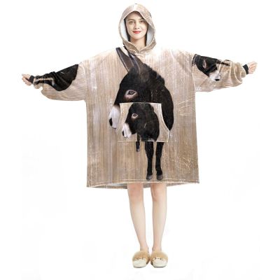 Bergroe Hoodie Blanket Sweatshirt, Sherpa Flannel Wearable Blanket with Pocket for Adults, Men and Women, Sad Donkey