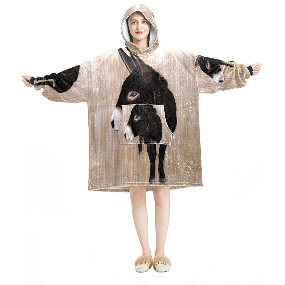 Bergroe Hoodie Blanket Sweatshirt, Sherpa Flannel Wearable Blanket with Pocket for Adults, Men and Women, Sad Donkey