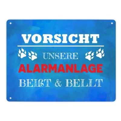 Caution: Our Alarm System Bites & Barks Metal Sign XL, 21 × 28 cm, Blue