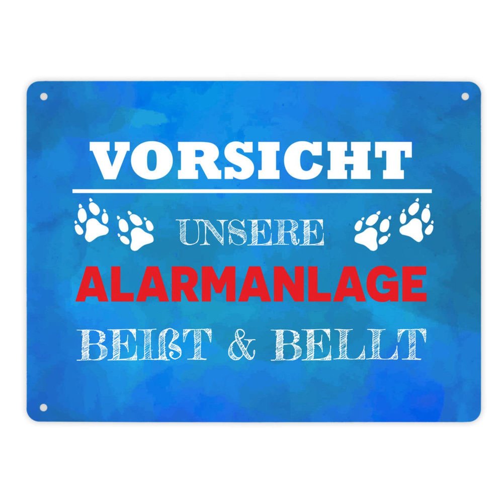Caution: Our Alarm System Bites & Barks Metal Sign XL, 21 × 28 cm, Blue