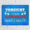 Caution: Our Alarm System Bites & Barks Metal Sign XL, 21 × 28 cm, Blue view 2