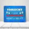 Caution: Our Alarm System Bites & Barks Metal Sign XL, 21 × 28 cm, Blue view 3