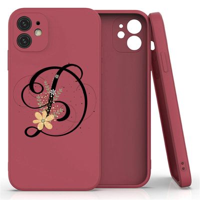 Mixroom Matte TPU Silicone Case for iPhone 13 Pro, Flat Edges, Red, Letter D with Flowers