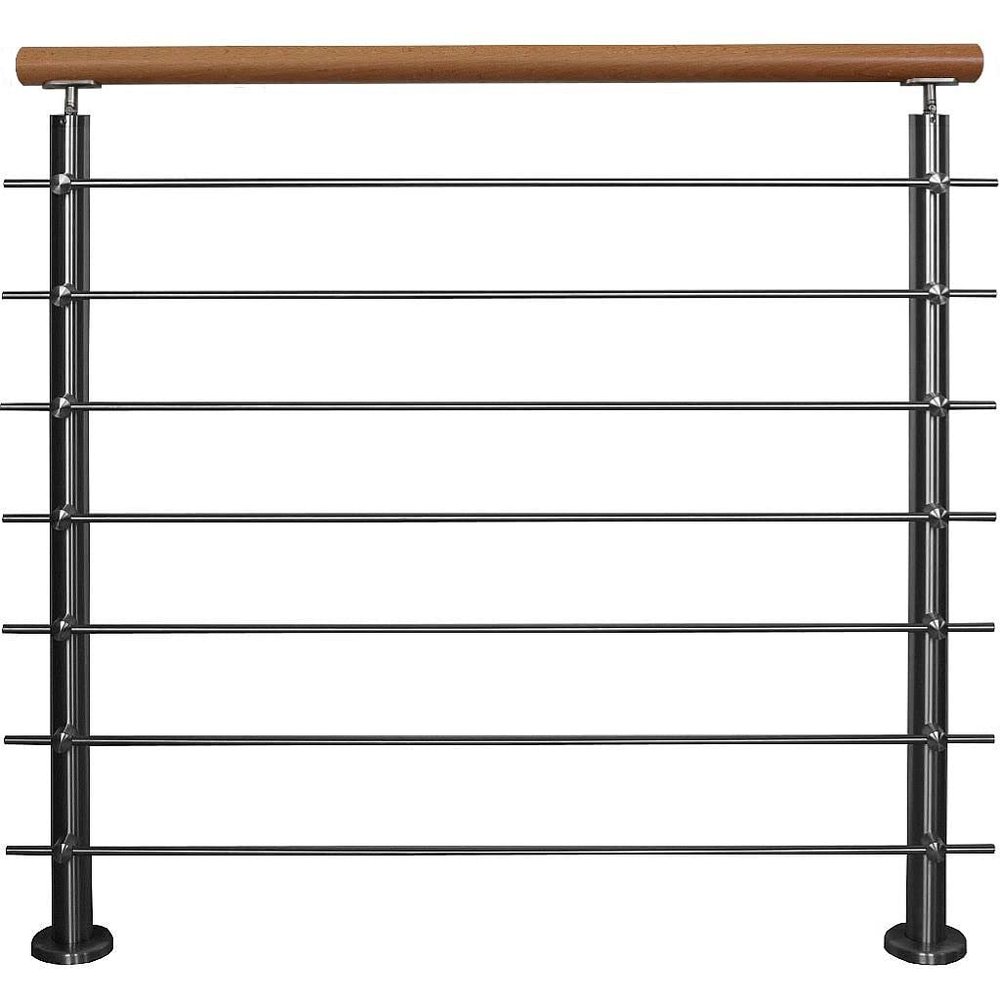 TIBU Stainless Steel Railing with Beech Handrail, 1.0 m, 7 Rods, 2 Posts