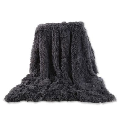 Plush Faux Fur Reversible Throw Blanket, Dark Gray, 80 × 120 cm
