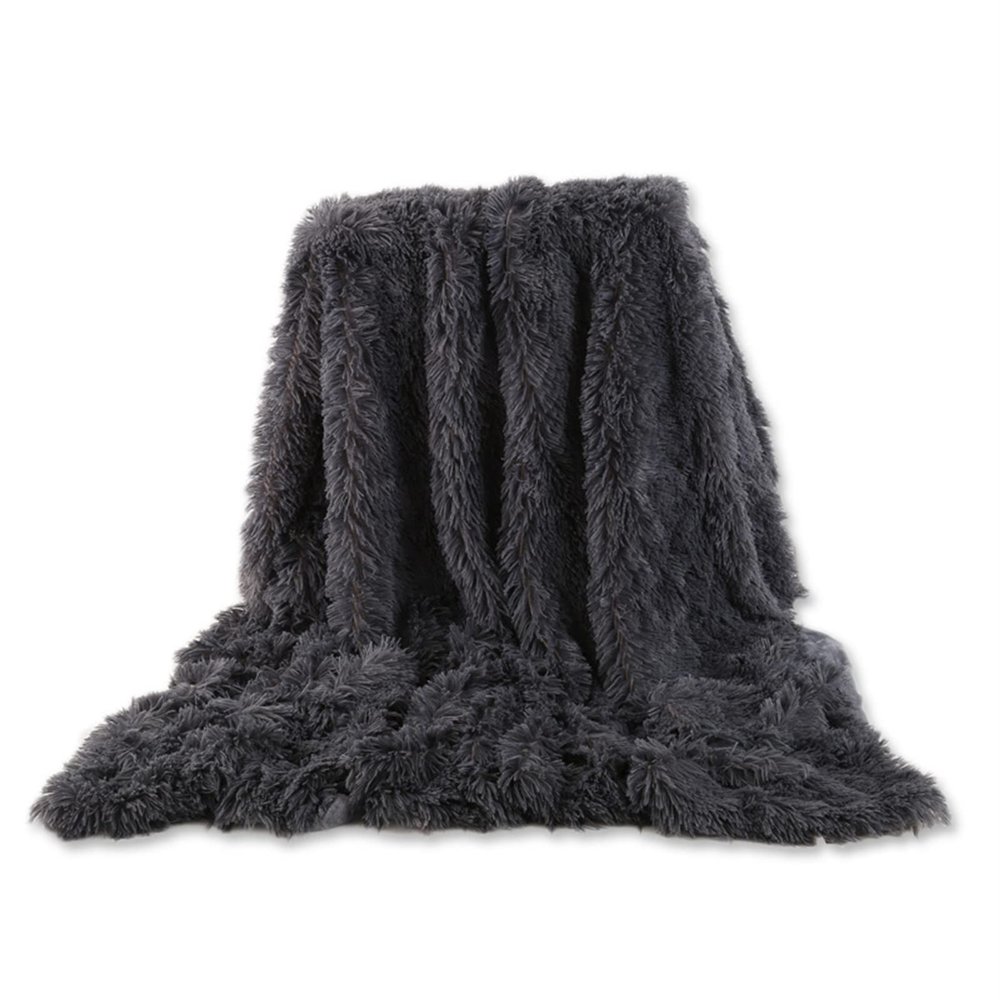 Plush Faux Fur Reversible Throw Blanket, Dark Gray, 80 × 120 cm