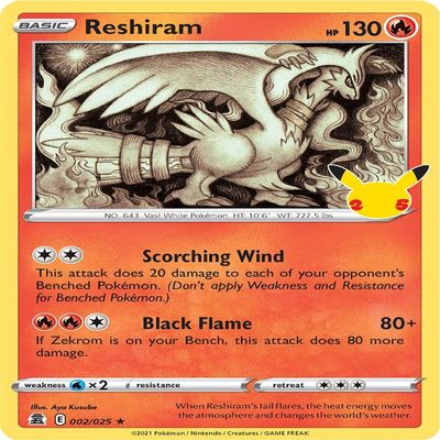 Reshiram 002/025 Rare Pokémon Card (Celebrations 25th Anniversary) + TitanCards Toploader