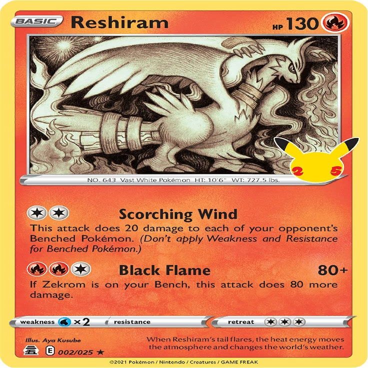 Reshiram 002/025 Rare Pokémon Card (Celebrations 25th Anniversary) + TitanCards Toploader
