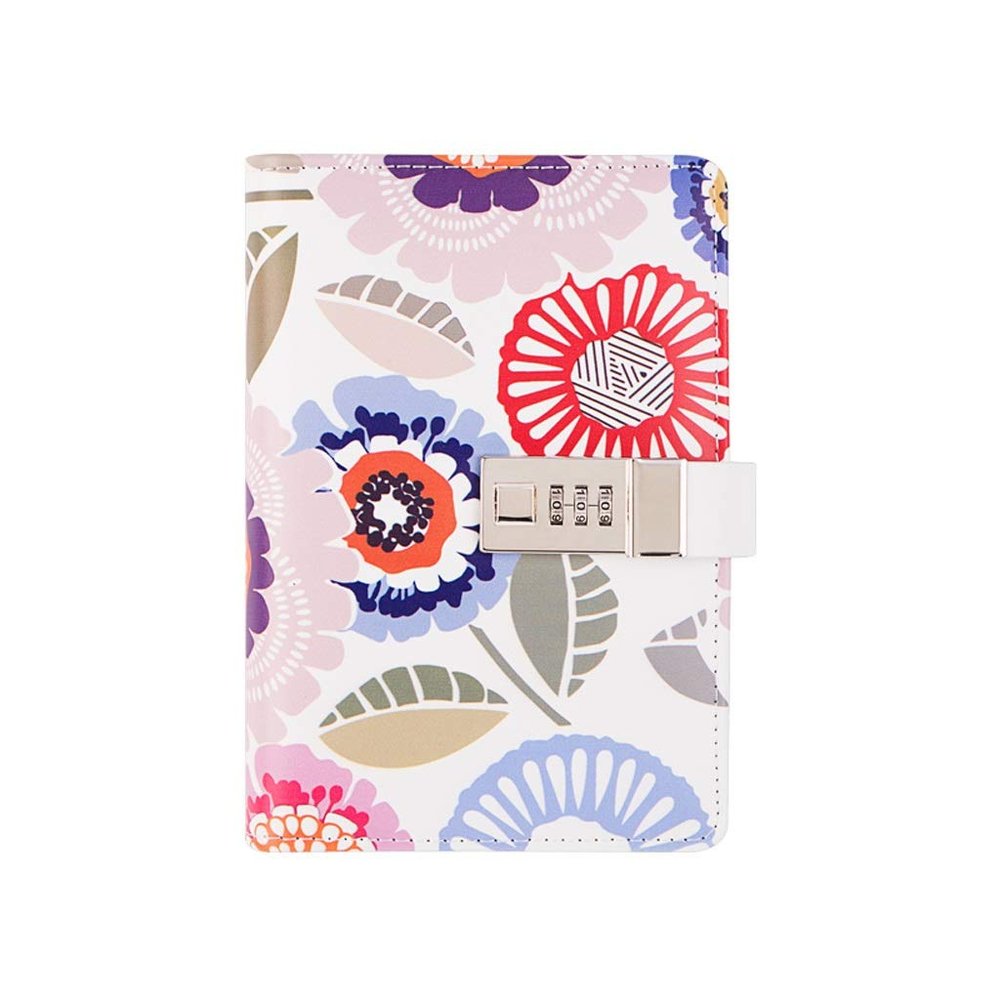 Loose-Leaf Journal Notebook with Combination Lock and Pen, Small Floral Gift Box Set, White