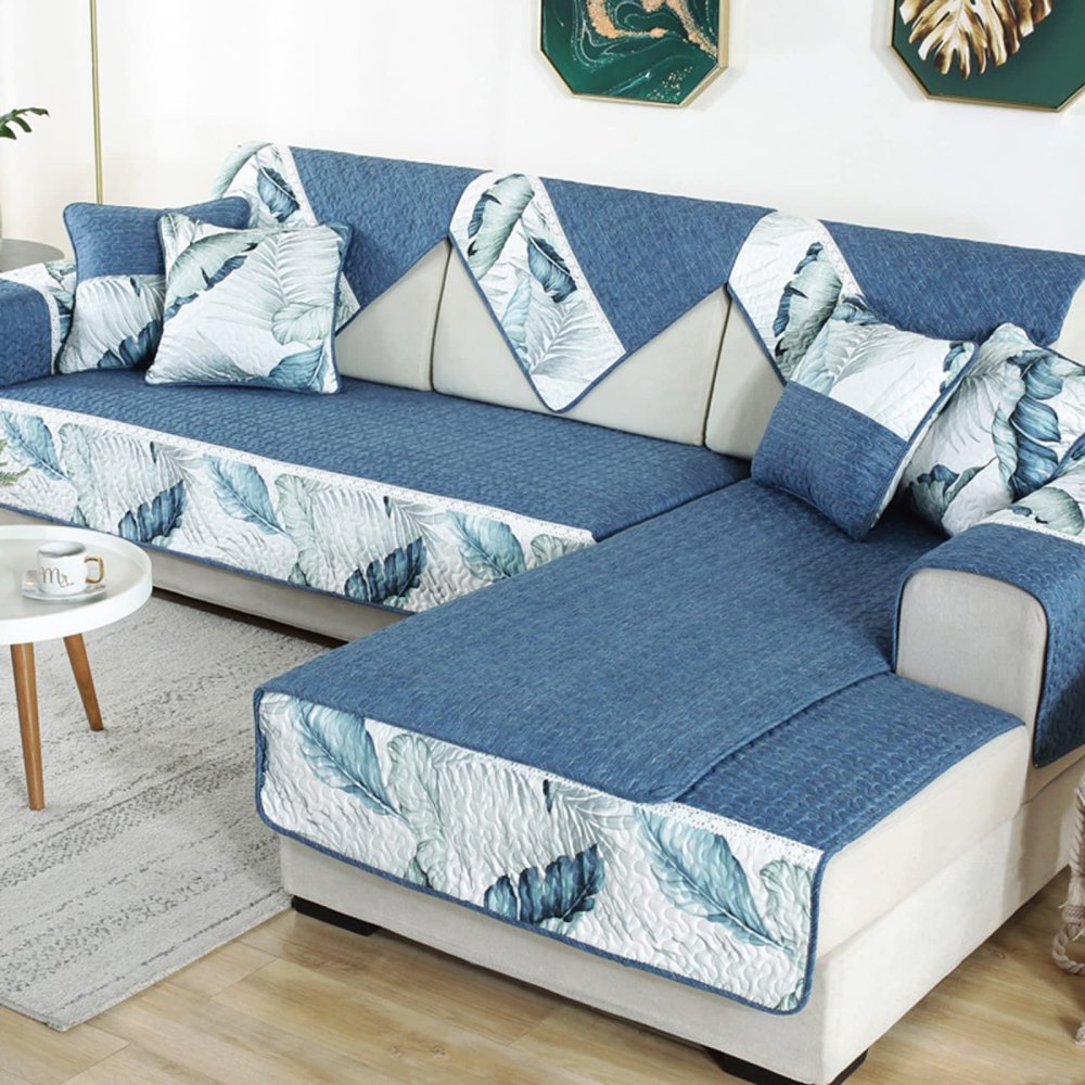 WYZPA Dog Couch Cover for L-Shaped Sectional Sofa, Polyester Chaise Slipcover, Non-Slip Furniture Protector, Blue, 90 × 70 cm / 35 × 28 in