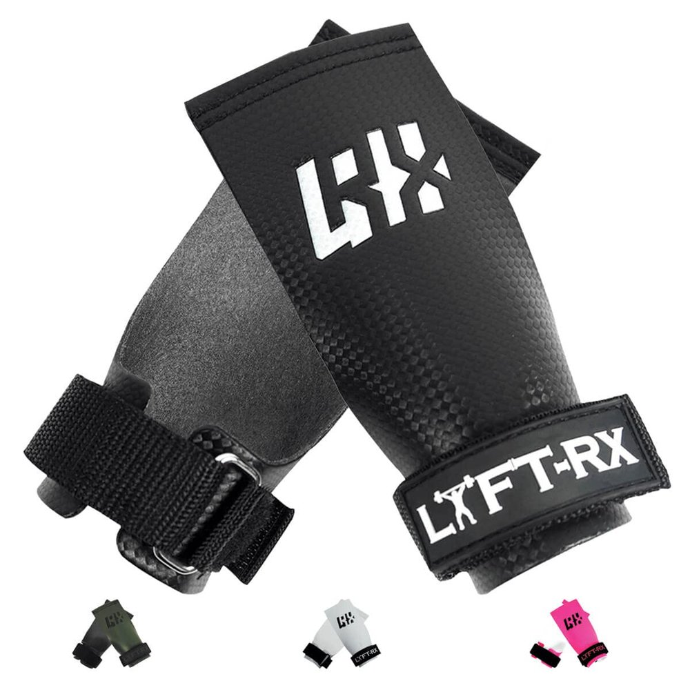 LYFT-RX Carbon Fiber Hand Grips for Weightlifting, Cross-Training, Pull-Ups, Muscle-Ups & Gymnastics, Fingerless No-Hole Palm Grips, Black X-Gro