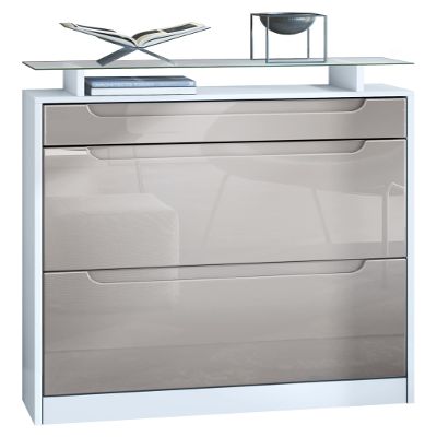 Vladon Fiesta Shoe Cabinet, Matte White/Sand Gray High Gloss, 16-Pair Capacity, 2 Compartments (89 x 104 x 23 cm)
