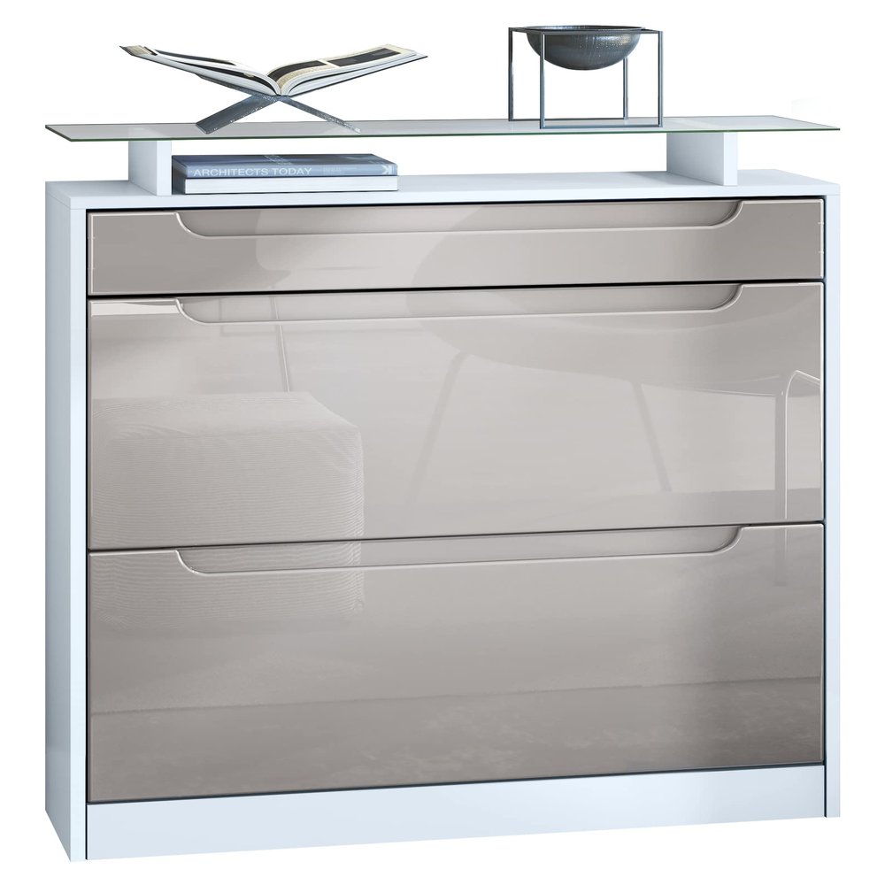 Vladon Fiesta Shoe Cabinet, Matte White/Sand Gray High Gloss, 16-Pair Capacity, 2 Compartments (89 x 104 x 23 cm)