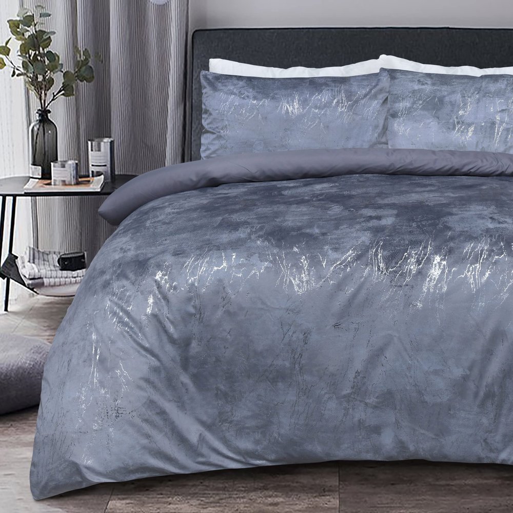 Sleepdown Marble Velvet Metallic Gray Duvet Cover and Pillowcase Set, Double, 200 x 200 cm