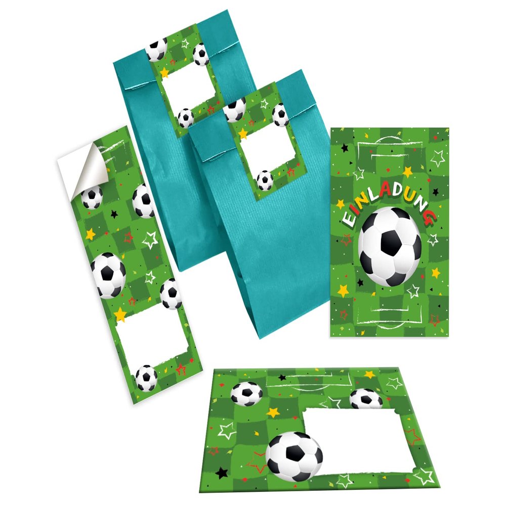 Junapack 12 Boys’ Soccer Birthday Invitations with Envelopes, Teal Bags and Stickers