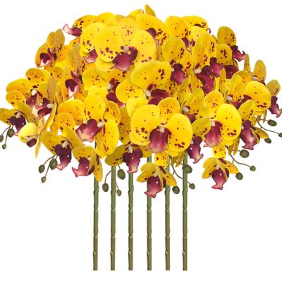 FagusHome 6-Piece Artificial Phalaenopsis Orchid Flowers, 80 cm, Yellow Variegated