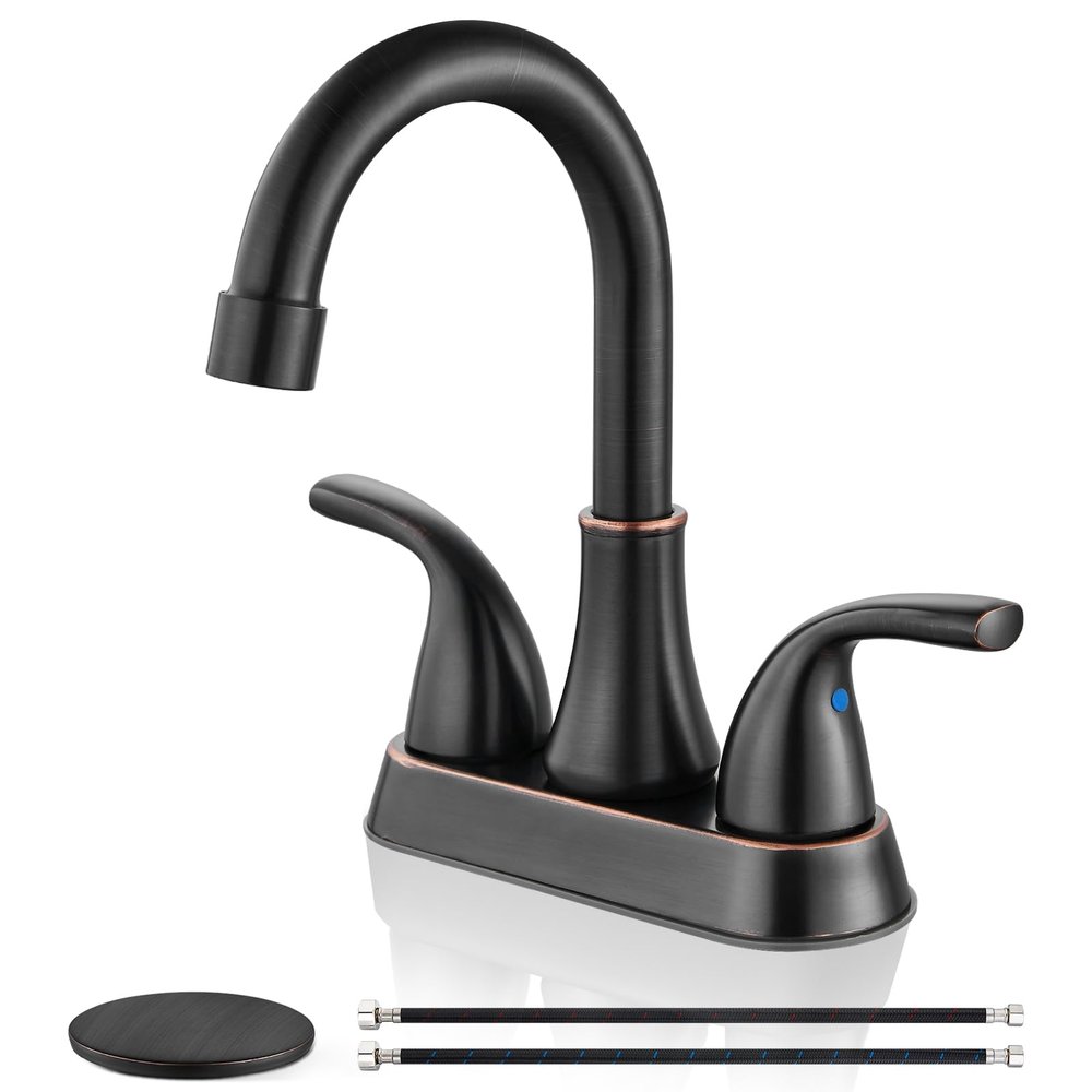 Cinwiny 4-Inch Centerset Bathroom Faucet, 2 Handles, 360° Swivel Spout, Oil-Rubbed Bronze, with Pop-Up Drain