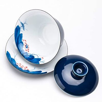 LINLN Hand-Painted Large Gaiwan Bowl, Blue Lotus Chawan Tea Accessory