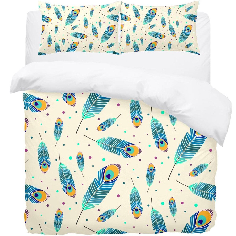 Supersoft Collection Peacock Feather Bedding Set – 1 Duvet Cover + 2 Matching Pillowcases