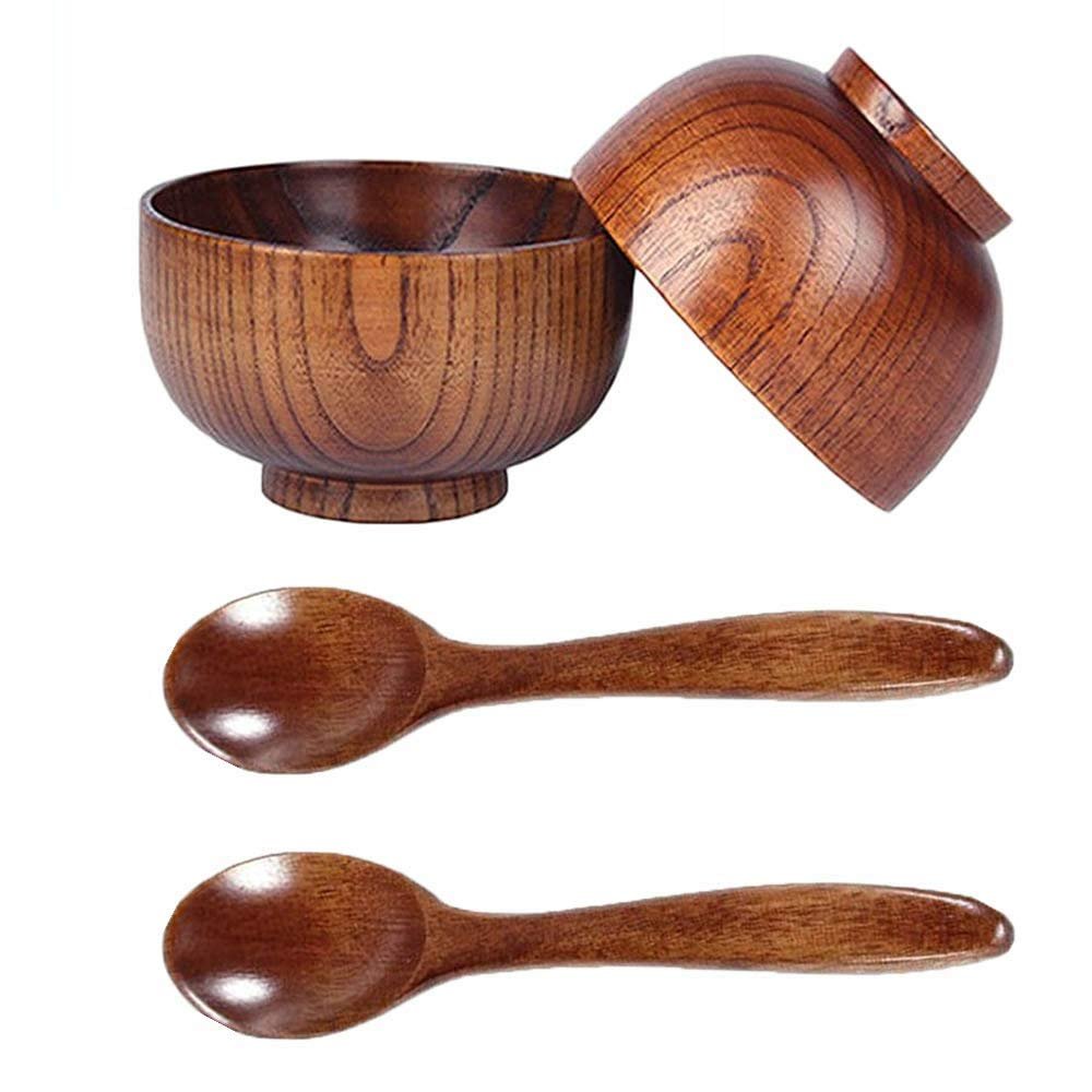 Fltaheroo Wooden Spoon and Bowl Set, Handmade Wooden Tableware for Serving Rice and Soup