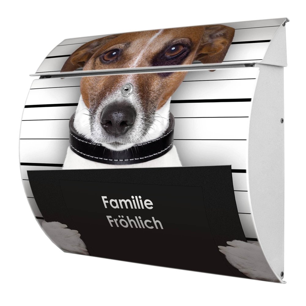 banjado Burg-Wächter White Steel Mailbox with Bad Dog J. Russel Design, Custom Name, Flip-Up Roof, 2 Keys