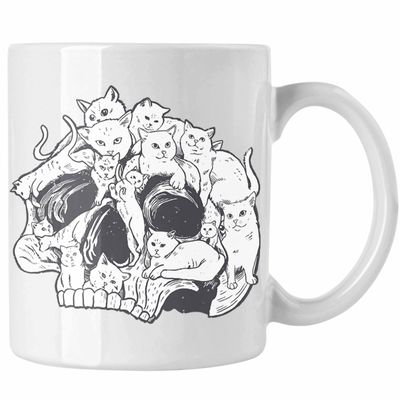 Trendation Skull Mug with Cat Graphic, Coffee Mug, Tattoo Gift Idea for Women and Men (White)