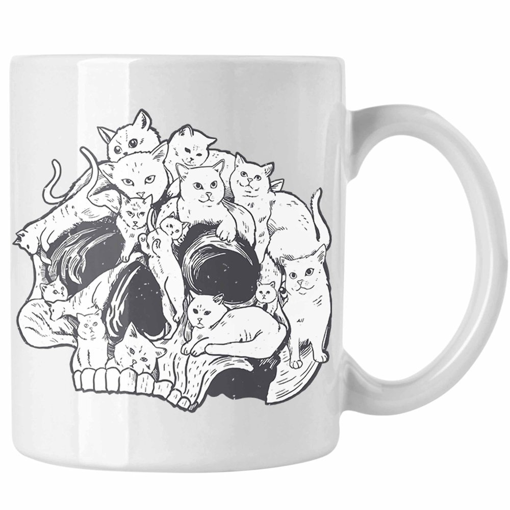 Trendation Skull Mug with Cat Graphic, Coffee Mug, Tattoo Gift Idea for Women and Men (White)